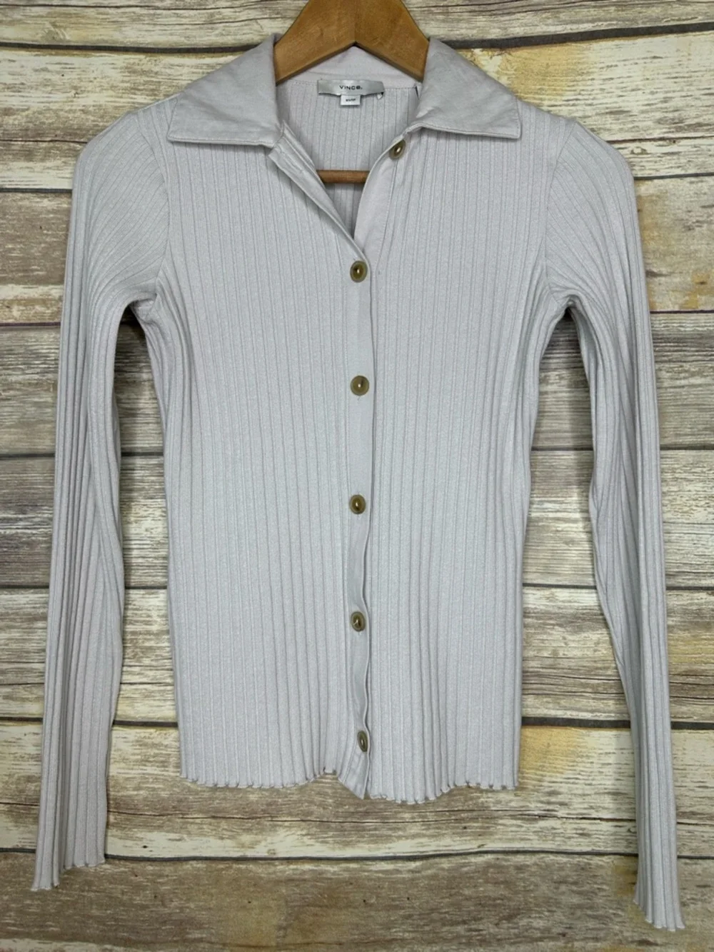 Vince XS ribbed polo Cardigan grey green ribbed button up